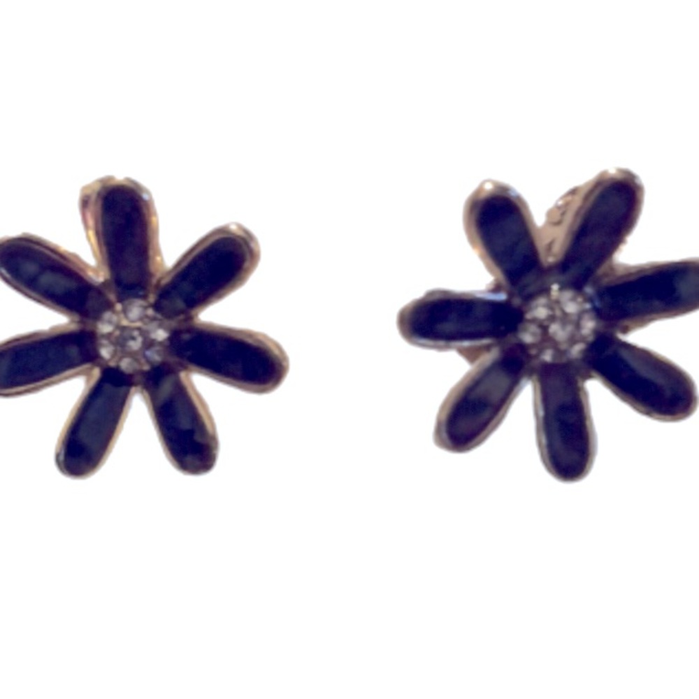 NAVY FLOWER CLIP ON EARRINGS • RHINESTONE CENTER • GOLD FIXTURE & TRIM